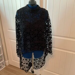 Elegant Black Lace Hi-Low Hem Women's Top with Mockneck
